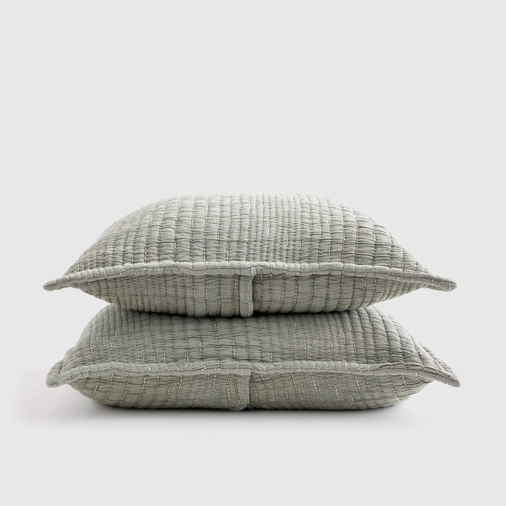 QUINCE Organic Cotton Channel Stitch Sham Set King Green 6682